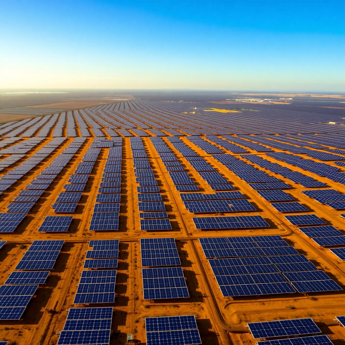 Utility-scale solar farm at sunrise